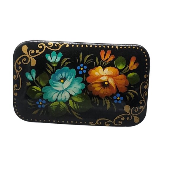 Russian Lacquer Brooch Hand Made Paper Mache Hand Painted Floral Signed - Picture 2 of 8